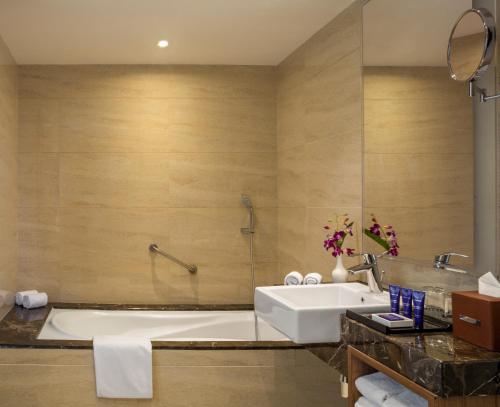 特里凡得琅Vivanta Thiruvananthapuram的带浴缸和盥洗盆的浴室