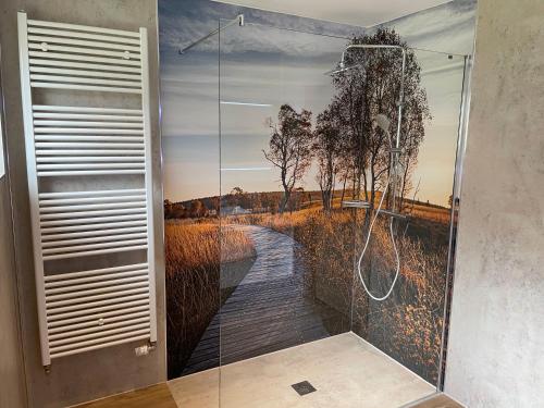 蒙绍Haus Wunschlos Auf Aderich的浴室设有淋浴,并画有人行道的画作