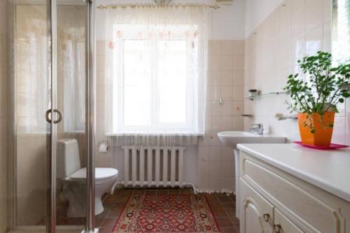 阿拉木图Guest House On Maksimova 9的带淋浴、卫生间和盥洗盆的浴室