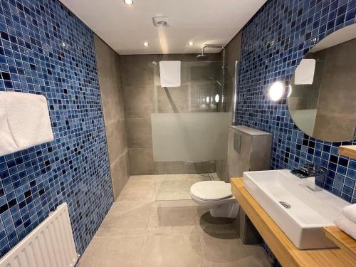 温特斯韦克Hotel restaurant Stad Munster的蓝色瓷砖浴室设有卫生间和水槽