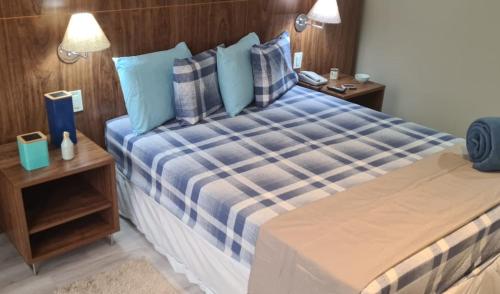 塔瓜汀加Apto aconchegante no Centro de Taguatinga.的一间卧室配有一张带蓝色枕头的大床