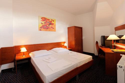 柏林选帝侯大街城市酒店的一间卧室配有一张床、一张书桌和一台电视