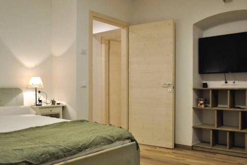 费德拉帕加内拉Appartamento Dolomella的一间卧室配有一张床和一台平面电视