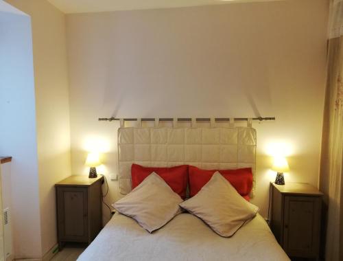ChameGite des Gorges de l'Ardèche的一间卧室配有一张带红色枕头的床和两盏灯。