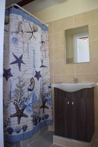 拉纳卡MERSINERA PARADISE GARDEN STARS HOUSE的一间带水槽和淋浴帘的浴室