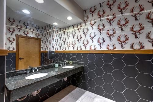特柳赖德The Bivvi Hostel Telluride的浴室设有两个盥洗盆和图案墙