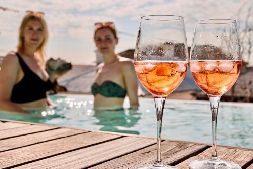 开普敦DysArt Boutique Hotel - Solar Power的两个女人在游泳池里喝两杯葡萄酒