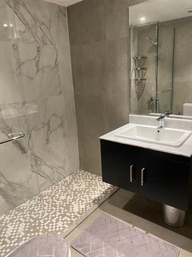 阿卜杜勒国王经济城Maqeela Luxury Studio的一间带水槽和淋浴的浴室