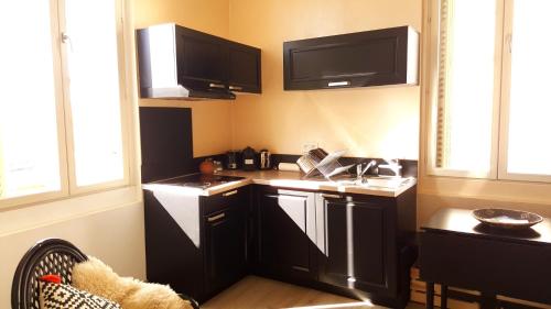 阿尔勒By Gwen - le Jaurès的一间小厨房,配有黑色橱柜和水槽