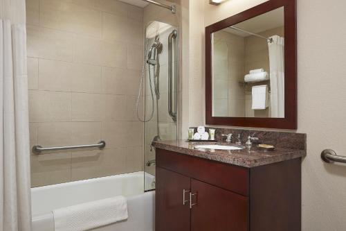 卡尔斯巴德Marbrisa Carlsbad Resort的一间带水槽、淋浴和镜子的浴室