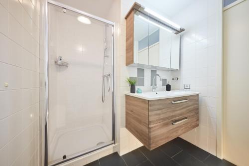 比伦Appartement Amelanderoase 83 im Amelander Paradijs的带淋浴和盥洗盆的浴室