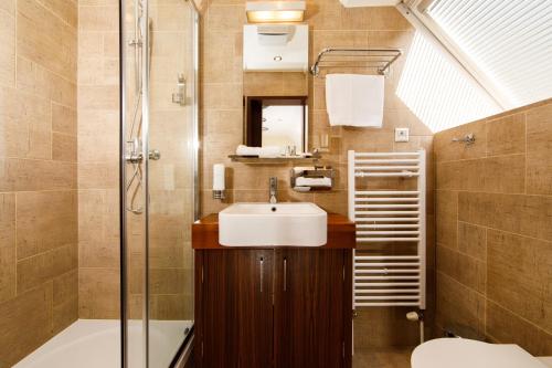 布拉迪斯拉发BEIGLI Hotel & Garden的一间带水槽和淋浴的浴室