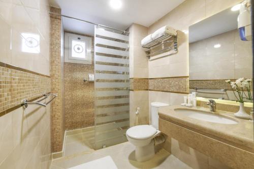 开罗托里普尔瓦多加拉开罗酒店的浴室配有卫生间、盥洗盆和淋浴。