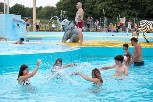 OpglabbeekGlamping Belgisch Limburg的一群人在游泳池玩耍