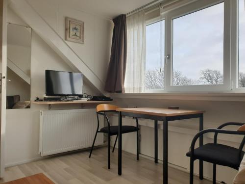 登堡Homestay Texel的客房设有桌椅和窗户。