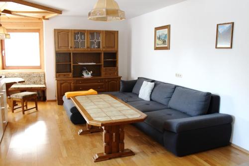 平茨高谷地霍勒尔斯巴赫Ferienwohnung Innerhofer的客厅配有蓝色的沙发和桌子