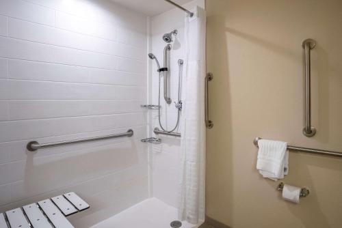 哈里森堡Comfort Inn & Suites的带淋浴的浴室和玻璃门