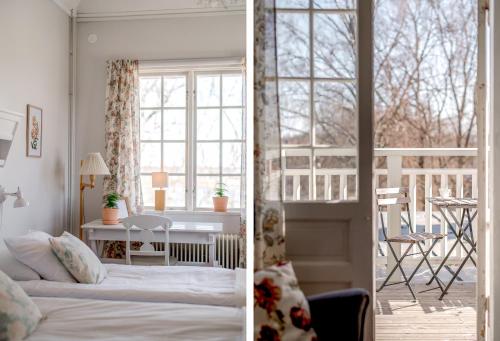 OckelboWij Trädgårdar的一间卧室和一间带床和窗户的客厅