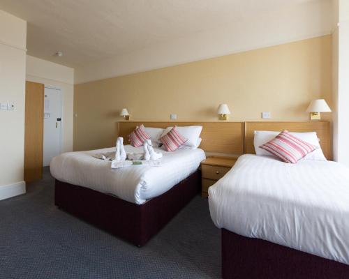 桑当星海酒店的酒店客房设有两张床,里面装有动物