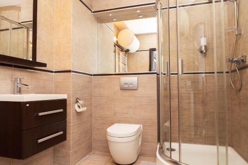 达洛科Apartament Maxim的带淋浴、卫生间和盥洗盆的浴室
