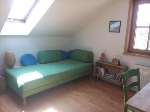 迈埃勒芬das Vogelnest的客厅配有绿色沙发和桌子