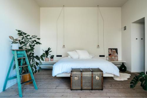 根特Chambre d'Amis by Alix的一间卧室配有一张带梯子和凳子的床