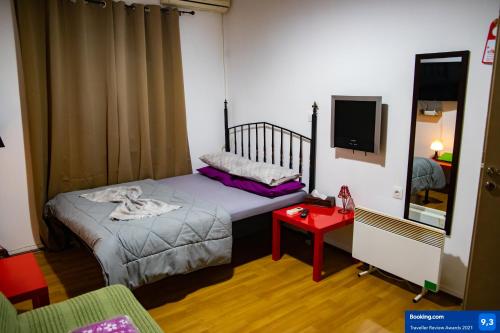 雅典The Zen Apartment Athens的小房间设有床铺和电视