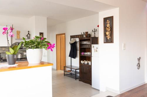 贝斯特维希Haus Elena的厨房配有白色冰箱和花台