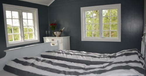 斯泰恩谢尔Yttervik gard的一间卧室设有一张床和两个窗户。