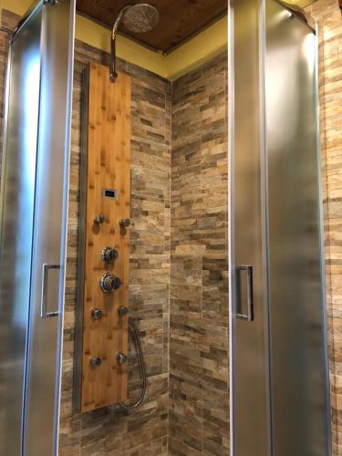 格雷索圣尚弗洛拉阿尔皮纳酒店的带淋浴的浴室(带木墙)