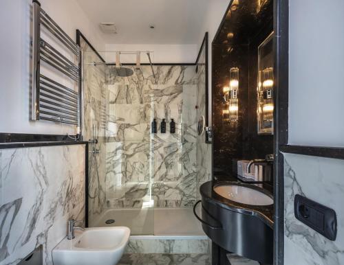 罗马Ricciardelli Luxury Studios - Piazza di Spagna的一间带水槽、卫生间和淋浴的浴室
