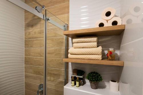 波德戈里察Modern, Bright and Cozy Apartment的带淋浴的浴室,配有架子上的毛巾