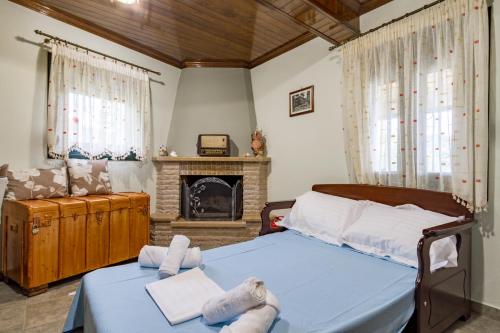 梅加尼西岛Konstas Stone Island House in Meganisi的一间卧室配有一张床和一个壁炉