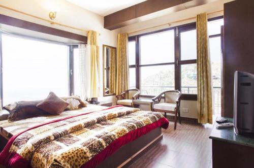 卡绍利Kasauli Residency的一间卧室设有一张床、一台电视和窗户。