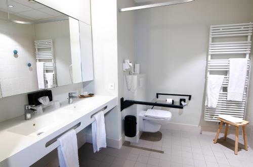 泽伊恩克尔克Domein Polderwind的一间带水槽、卫生间和镜子的浴室
