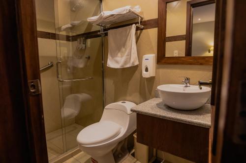 昆卡Suites & Hotel El Quijote的浴室配有卫生间、盥洗盆和淋浴。