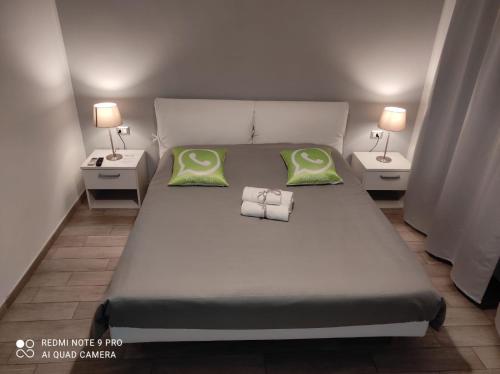 比萨Guest House Web Room的一张带两个绿色枕头的床和两张桌子