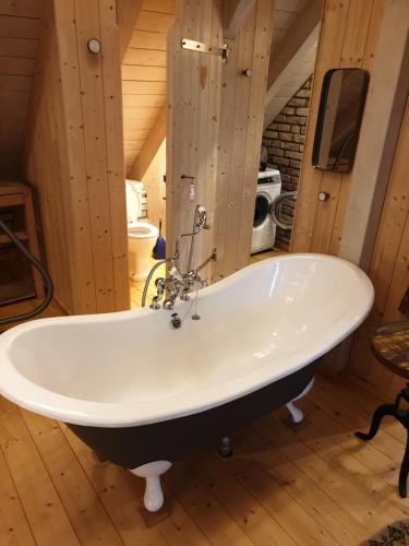 格拉尔-米里茨Ferienhaus auf 2 Etagen mit überdachter Terrasse的铺有木地板的客房设有一个大浴缸。
