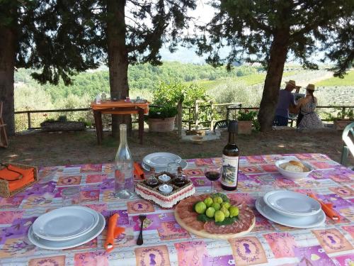 基安蒂格雷夫Agriturismo Podere Somigli di Lorenzo Correani的一张野餐桌,上面放有食物盘和一瓶葡萄酒