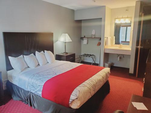 利德黑石山林小屋和套房酒店的酒店客房设有一张带红色毯子的大床