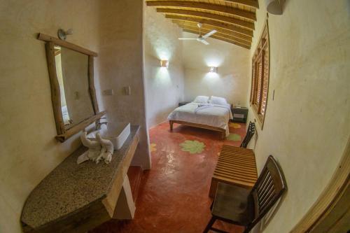 Los Guineos Perdidos帕拉伊索卡尼奥弘多酒店的一间卧室配有一张床和镜子
