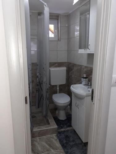 新瓦罗什Apartmani Zlatarski DAR的一间带卫生间和水槽的浴室