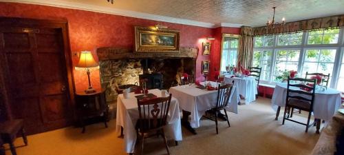 康威Glyn Isa Country House B&B and self catering Lodge的一间带2张桌子和壁炉的用餐室
