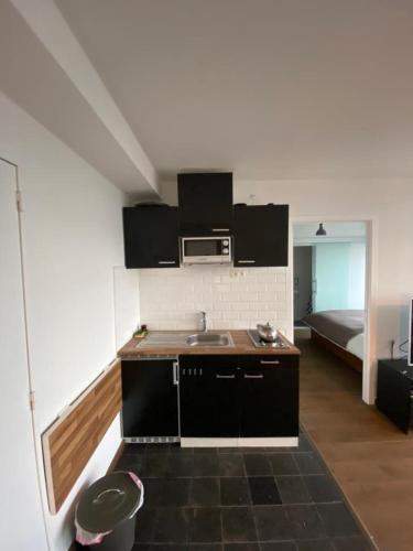 布鲁塞尔Brussels By Night panoramic studio apartment for 2的一个带水槽和微波炉的厨房