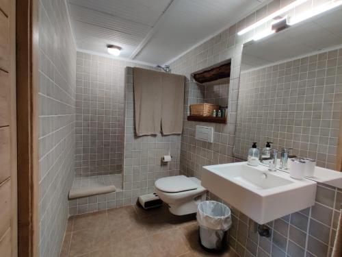 拉弗雷斯内达Loft Apartamento Rural La Fresneda - Casa Vidal的一间带水槽、卫生间和淋浴的浴室