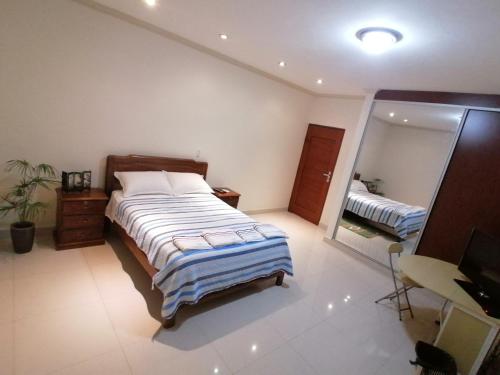 圣克鲁斯El Prado的一间卧室配有一张大床和镜子