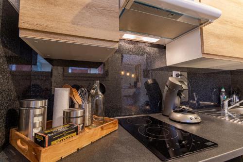 布拉尼亚克Studio ToulouseCityStay Blagnac的厨房配有炉灶和台面