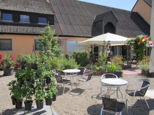 金茨堡Schlaffass-Camping Gutshof Donauried的庭院配有桌椅和盆栽植物