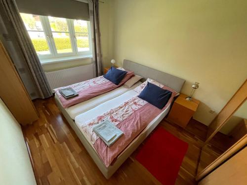 旧明斯特Ferienwohnung am Traunsee的一间小卧室,配有两张床和窗户