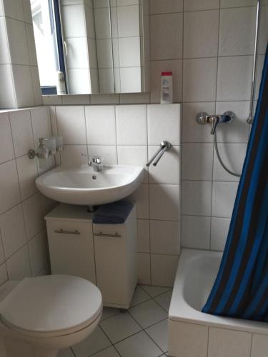 迪尔门Kleine Wohnung mit Terrasse的一间带水槽、卫生间和淋浴的浴室